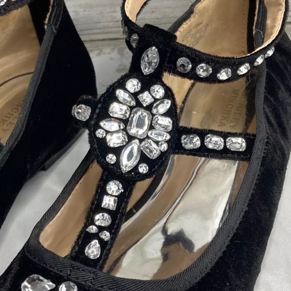Badgley Mischka TEERA T GEM Black Velvet Jeweled Flats Ankle Straps Women’s 5 - Picture 6 of 12